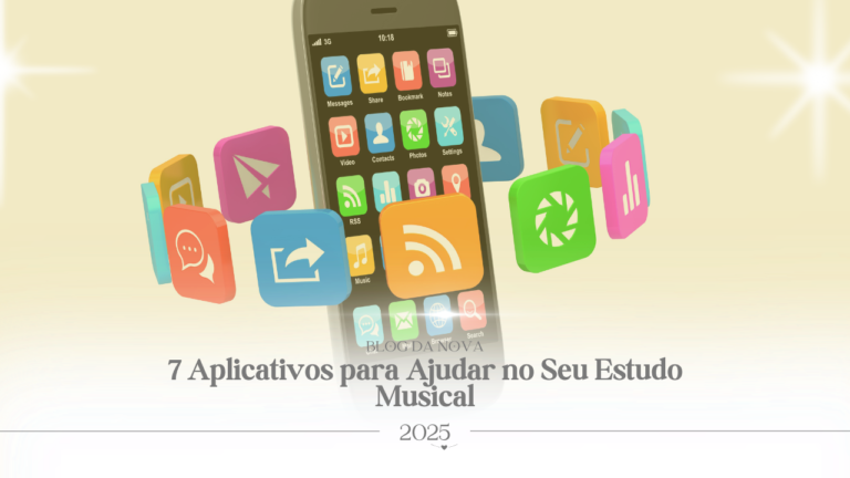 Celular cercado por ícones de aplicativos para estudo musical