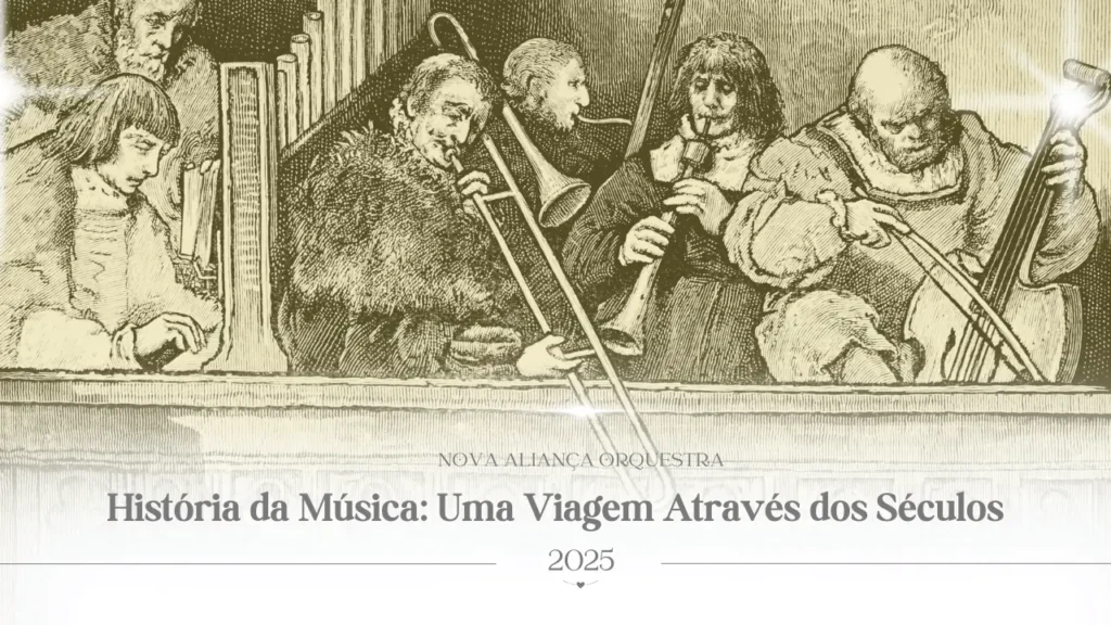 Gravura antiga de músicos tocando instrumentos de época