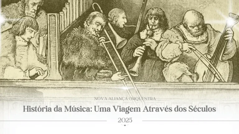 Gravura antiga de músicos tocando instrumentos de época
