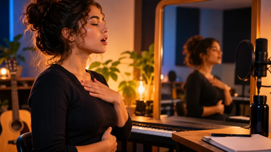 Cantora de olhos fechados fazendo aquecimento vocal com a mão no peito em estúdio de música