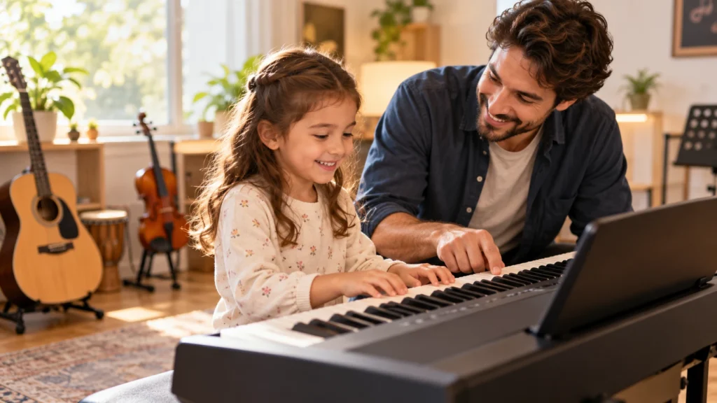 Criança sorrindo enquanto toca teclado ao lado de um professor