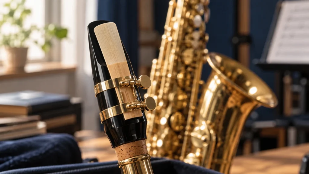 Boquilha de saxofone com palheta de cana em destaque e corpo metálico do instrumento desfocado ao fundo